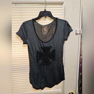 Velvet Stone Dark Gray Short Sleeve Tee with Black Cross